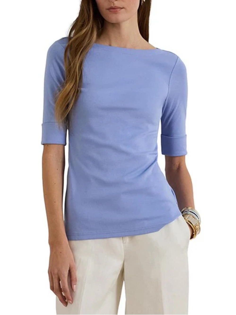 Lauren Ralph Lauren Stretch Cotton Knit Boat Neck Elbow Sleeve Tee